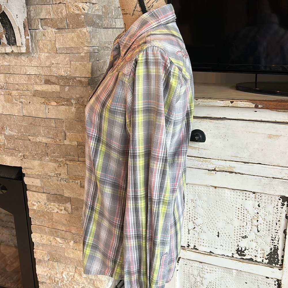 Wrangler Rock 47 snap western shirt steer yoke gray plaid bedazzle shoulder back - Picture 7 of 16